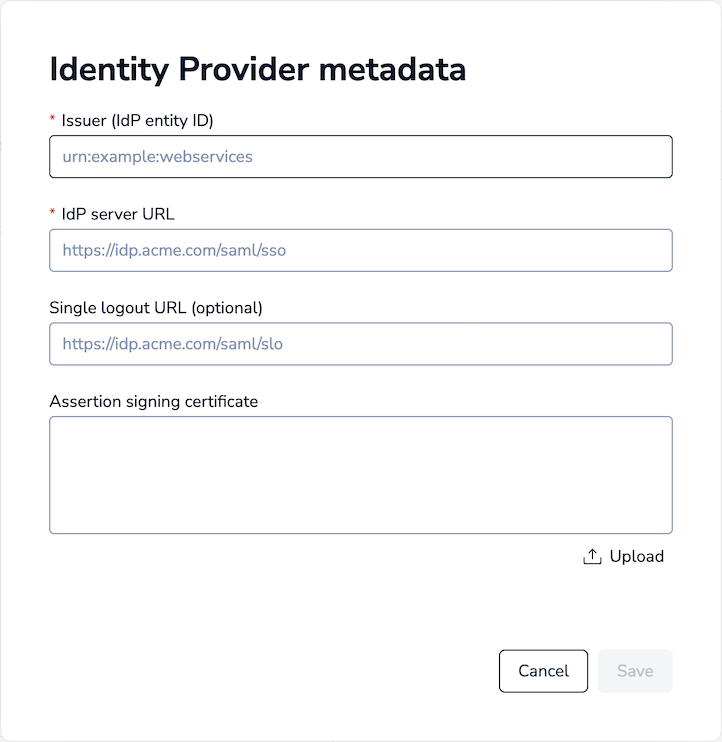 The identity provider metadata dialog.